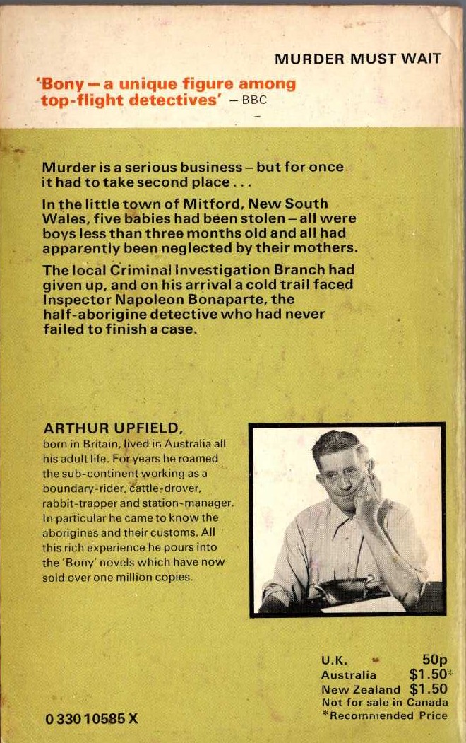 Arthur Upfield  MURDER MUST WAIT magnified rear book cover image