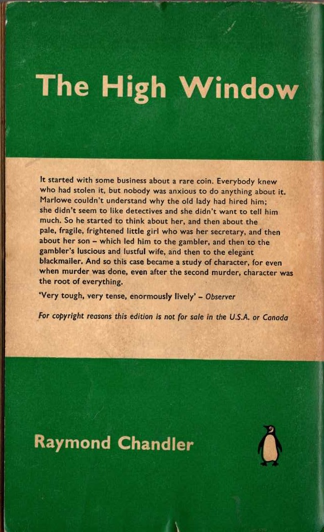 Raymond Chandler  THE HIGH WINDOW magnified rear book cover image