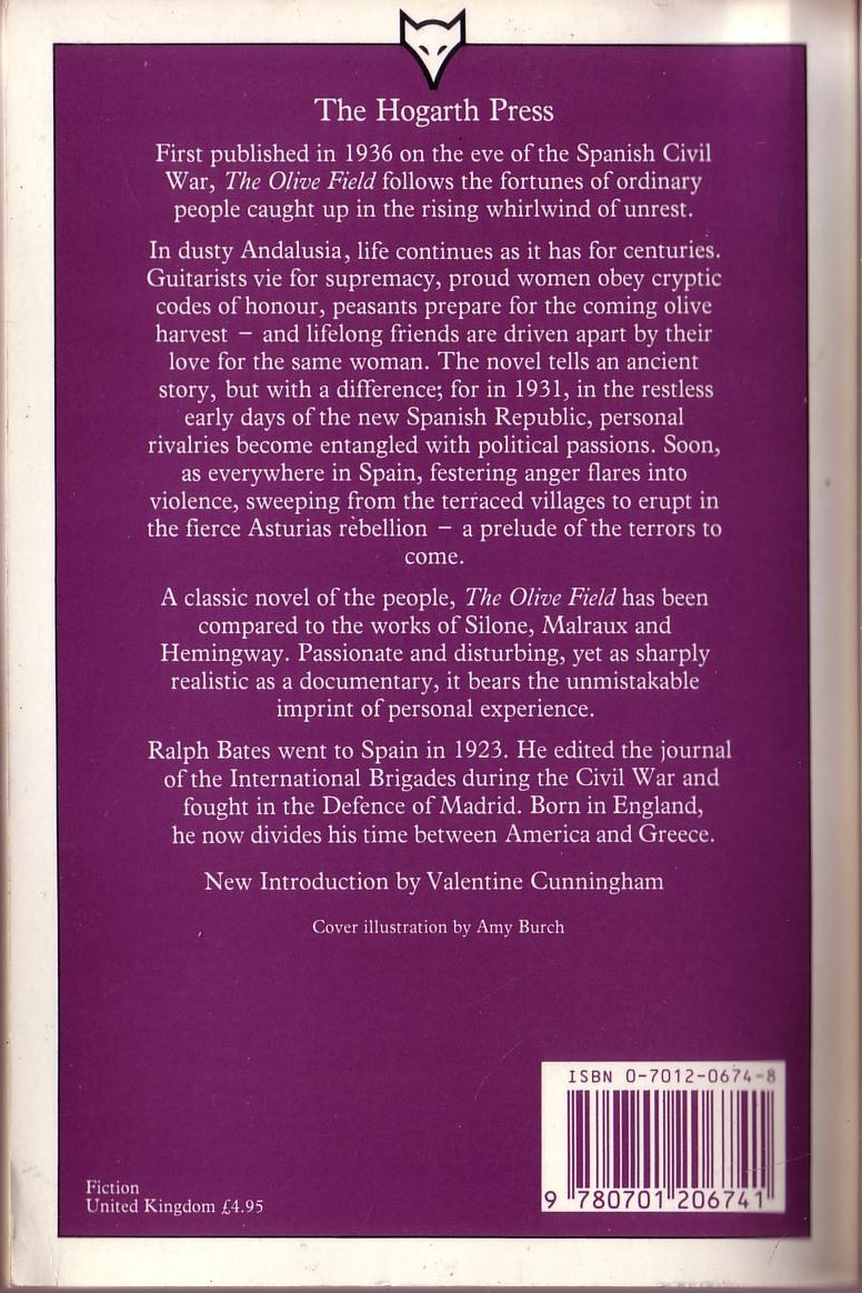 Ralph Bates  THE OLIVE FIELD magnified rear book cover image