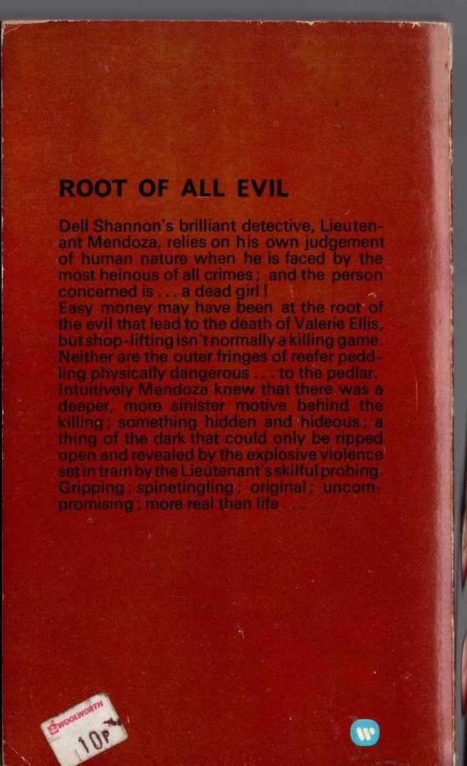 Dell Shannon  ROOT OF ALL EVIL magnified rear book cover image