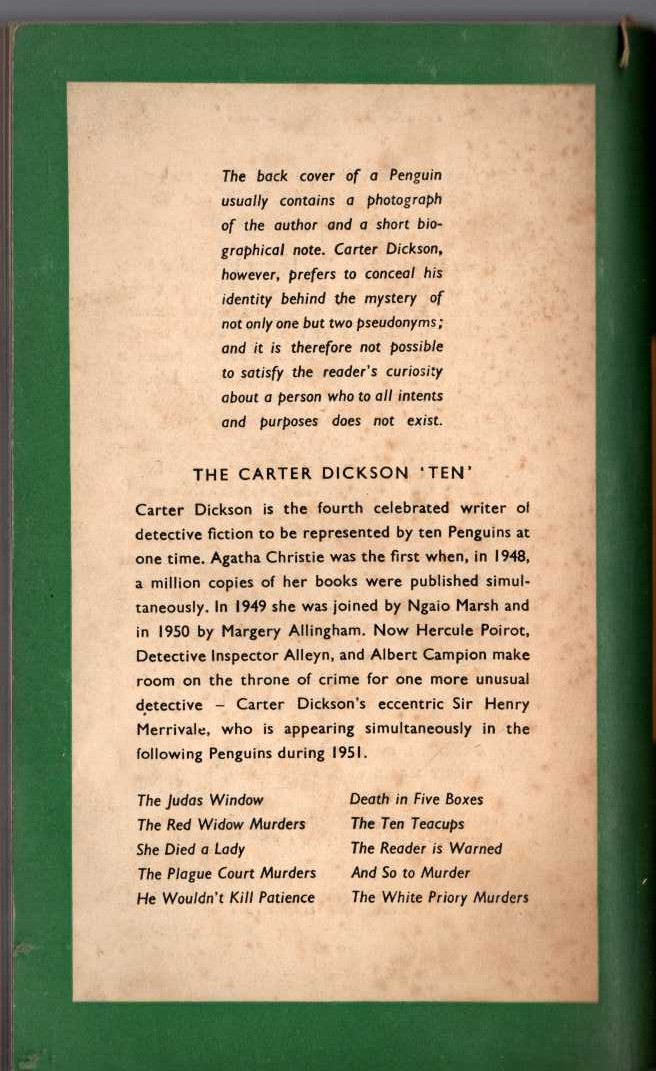Carter Dickson  THE WHITE PRIORY MURDERS magnified rear book cover image