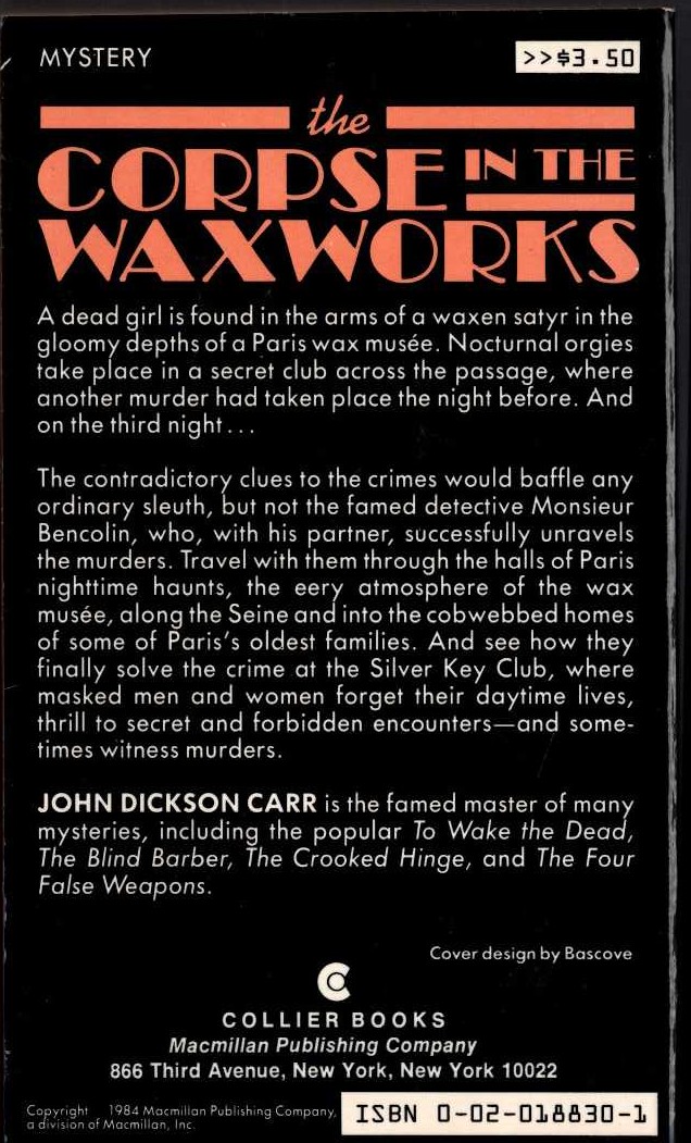John Dickson Carr  THE CORPSE IN THE WAXWORKS magnified rear book cover image