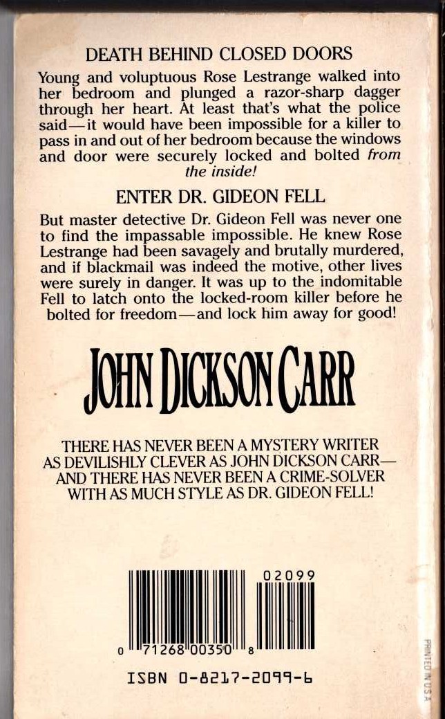 John Dickson Carr  THE DEAD MAN'S KNOCK magnified rear book cover image