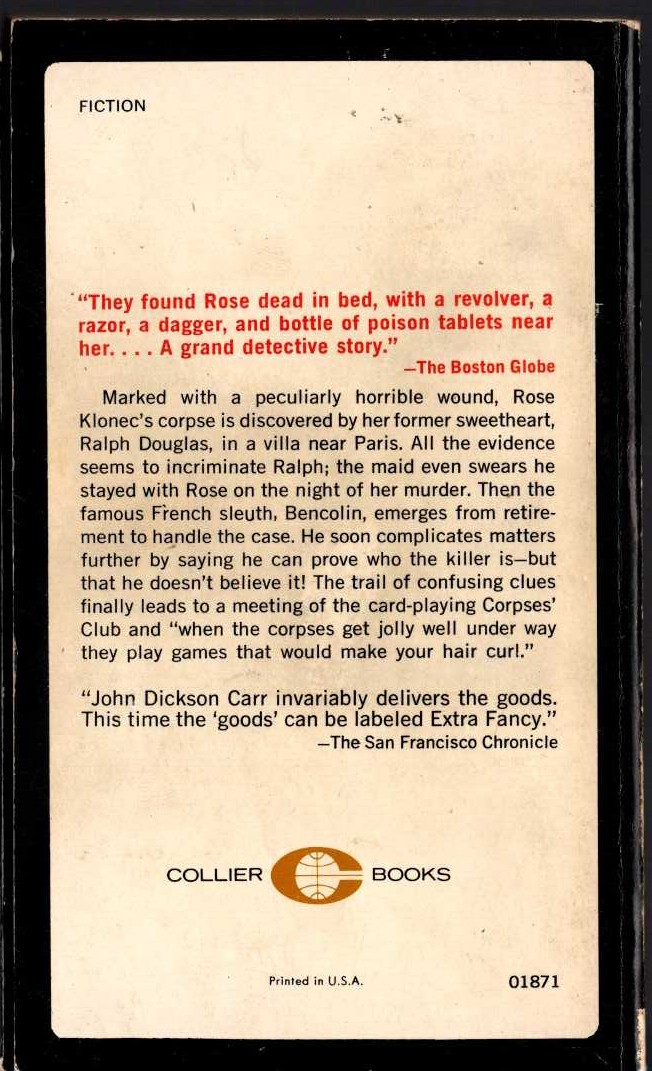 John Dickson Carr  THE FOUR FALSE WEAPONS magnified rear book cover image
