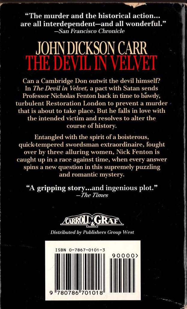 John Dickson Carr  THE DEVIL IN VELVET magnified rear book cover image