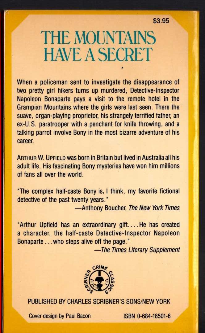 Arthur Upfield  THE MOUNTAINS HAVE A SECRET magnified rear book cover image