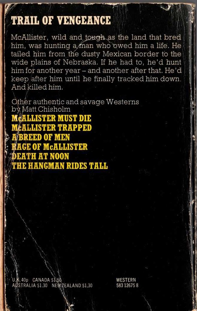 Matt Chisholm  McALLISTER JUSTICE magnified rear book cover image