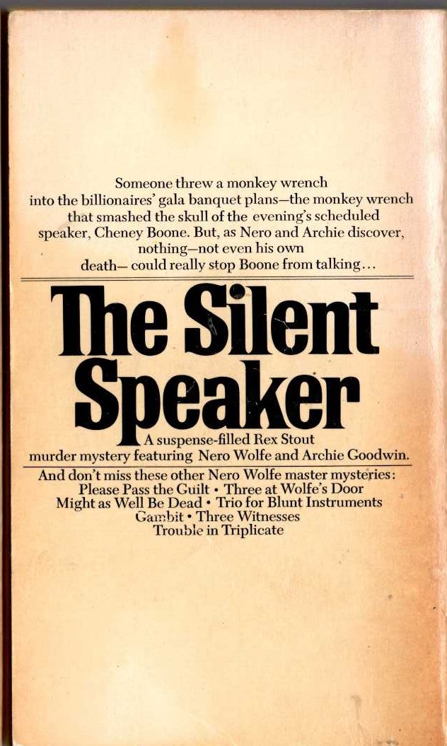 Rex Stout  THE SILENT SPEAKER magnified rear book cover image