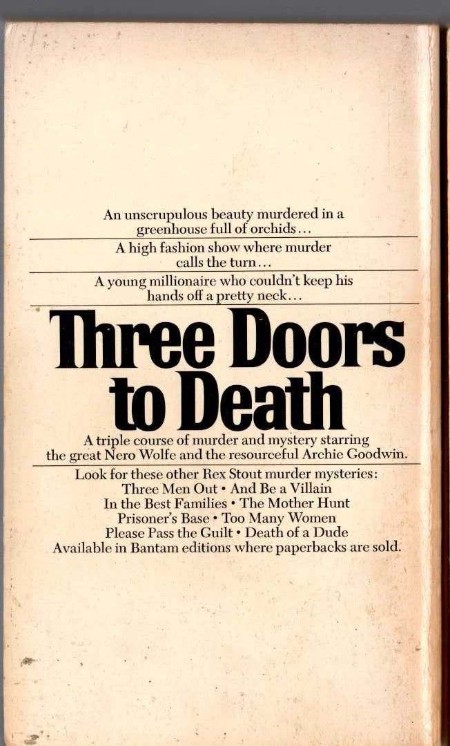 Rex Stout  THREE DOORS TO DEATH magnified rear book cover image