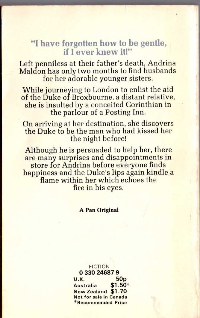 Barbara Cartland  THE HUSBAND HUNTERS magnified rear book cover image