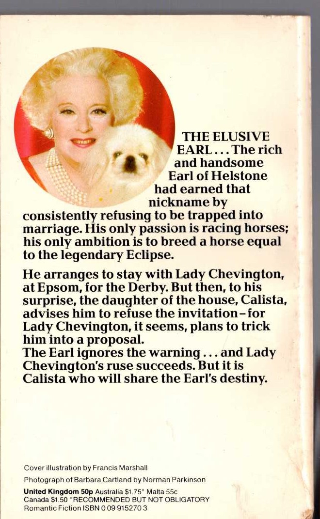 Barbara Cartland  THE ELUSIVE EARL magnified rear book cover image