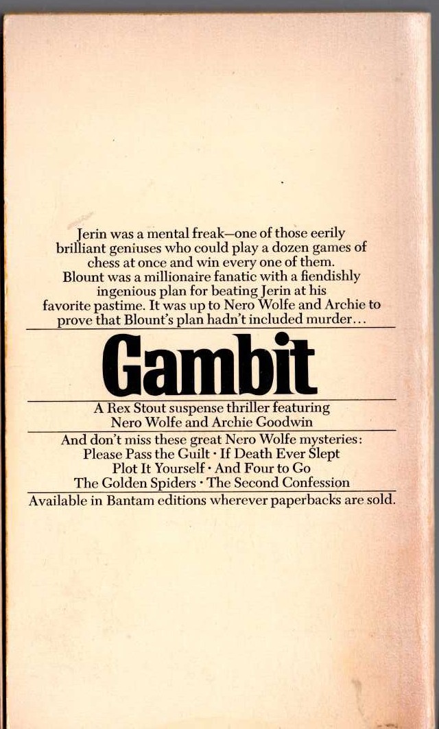 Rex Stout  GAMBIT magnified rear book cover image