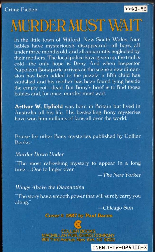 Arthur Upfield  MURDER MUST WAIT magnified rear book cover image