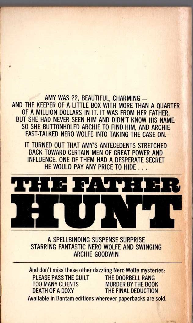 Rex Stout  THE FATHER HUNT magnified rear book cover image