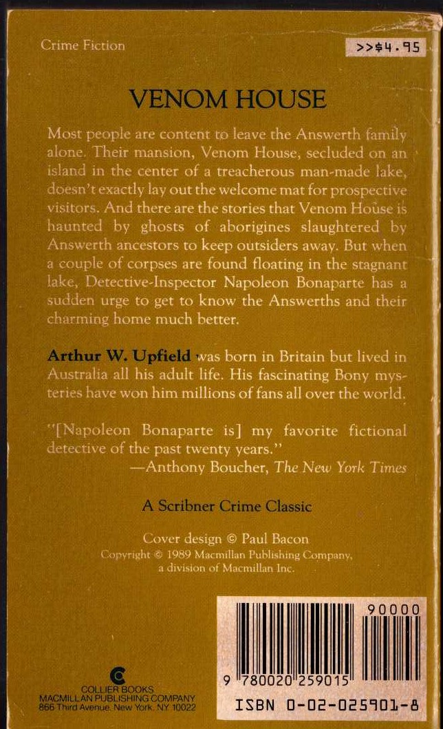 Arthur Upfield  VENOM HOUSE magnified rear book cover image