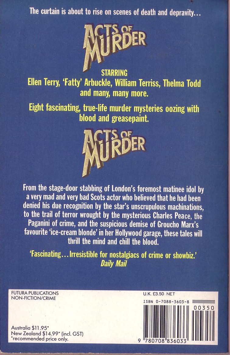 Jonathan Goodman  ACTS OF MURDER. True Life Murder Cases from the World of Stage and Screen magnified rear book cover image
