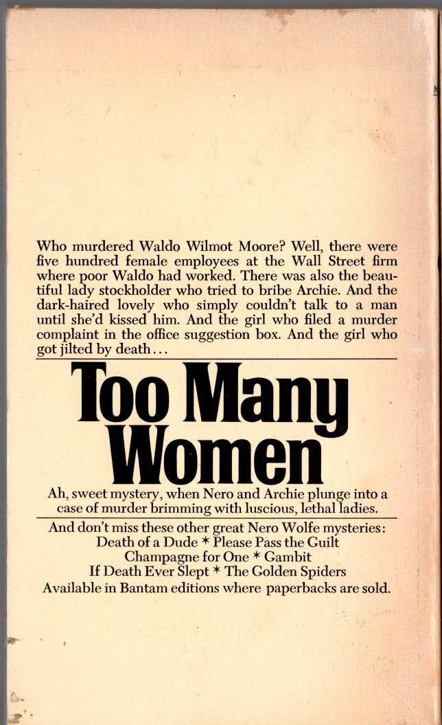Rex Stout  TOO MANY WOMEN magnified rear book cover image
