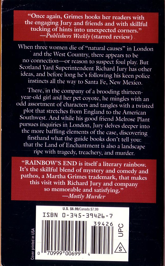 Martha Grimes  RAINBOW'S END magnified rear book cover image