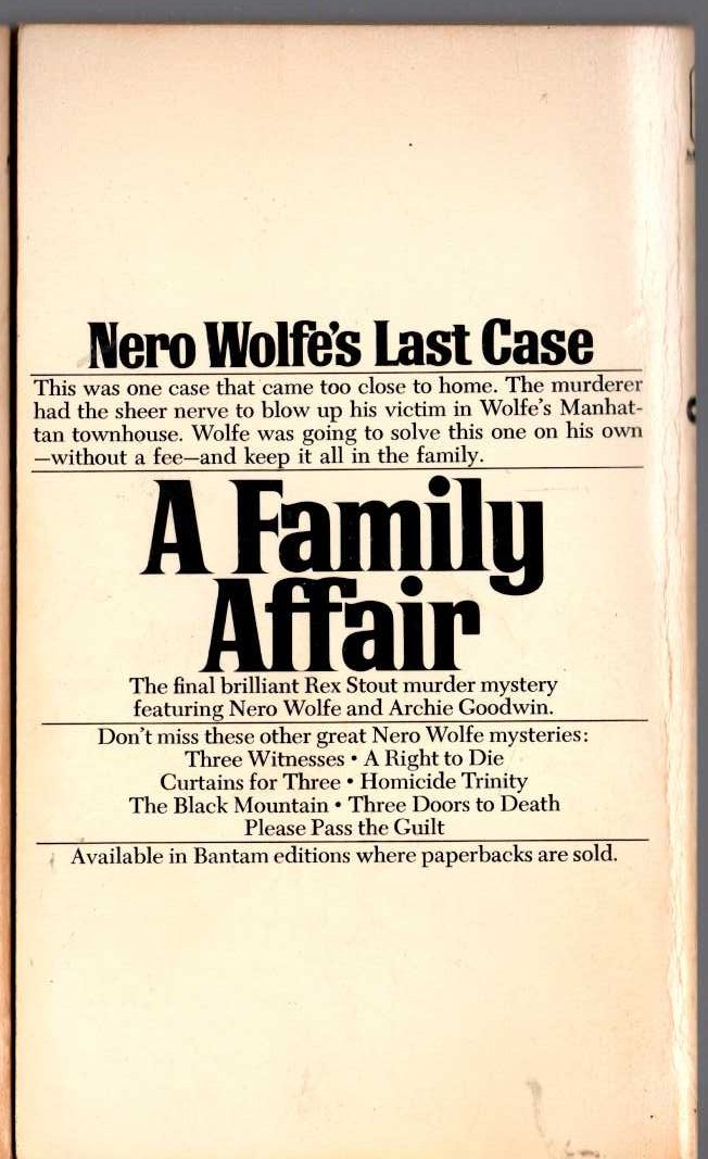 Rex Stout  A FAMILY AFFAIR magnified rear book cover image