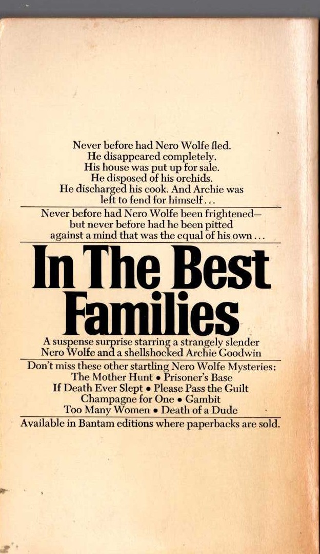 Rex Stout  IN THE BEST FAMILIES magnified rear book cover image