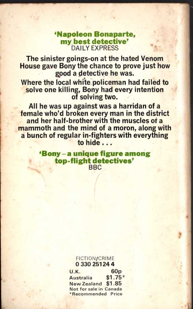 Arthur Upfield  VENOM HOUSE magnified rear book cover image