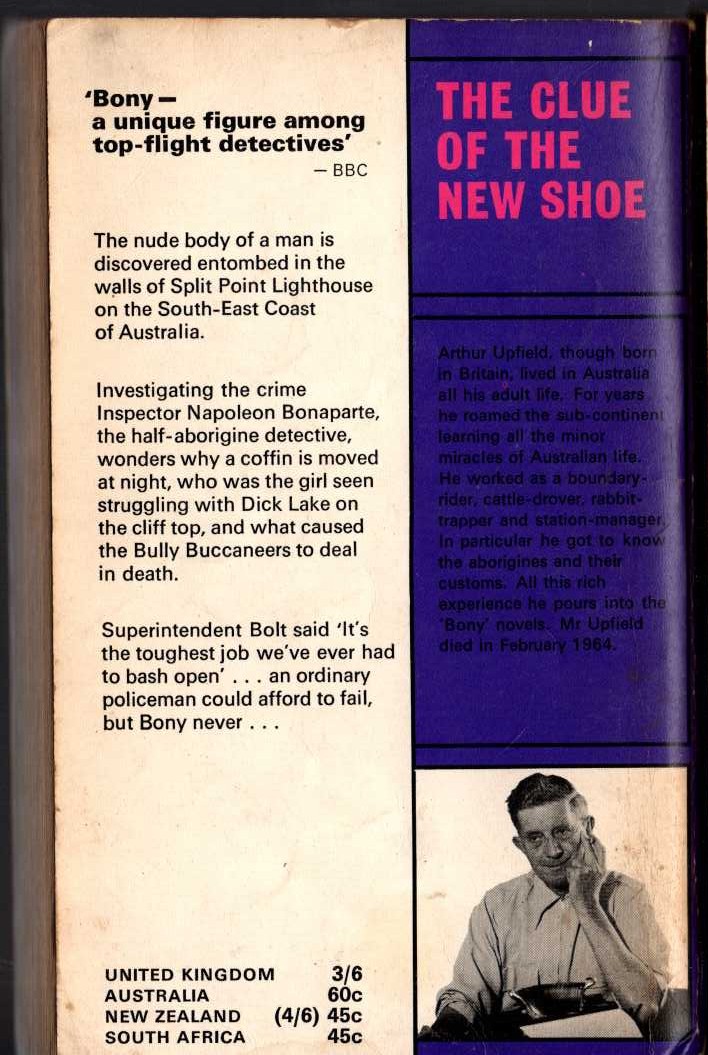 Arthur Upfield  THE CLUE OF THE NEW SHOE magnified rear book cover image