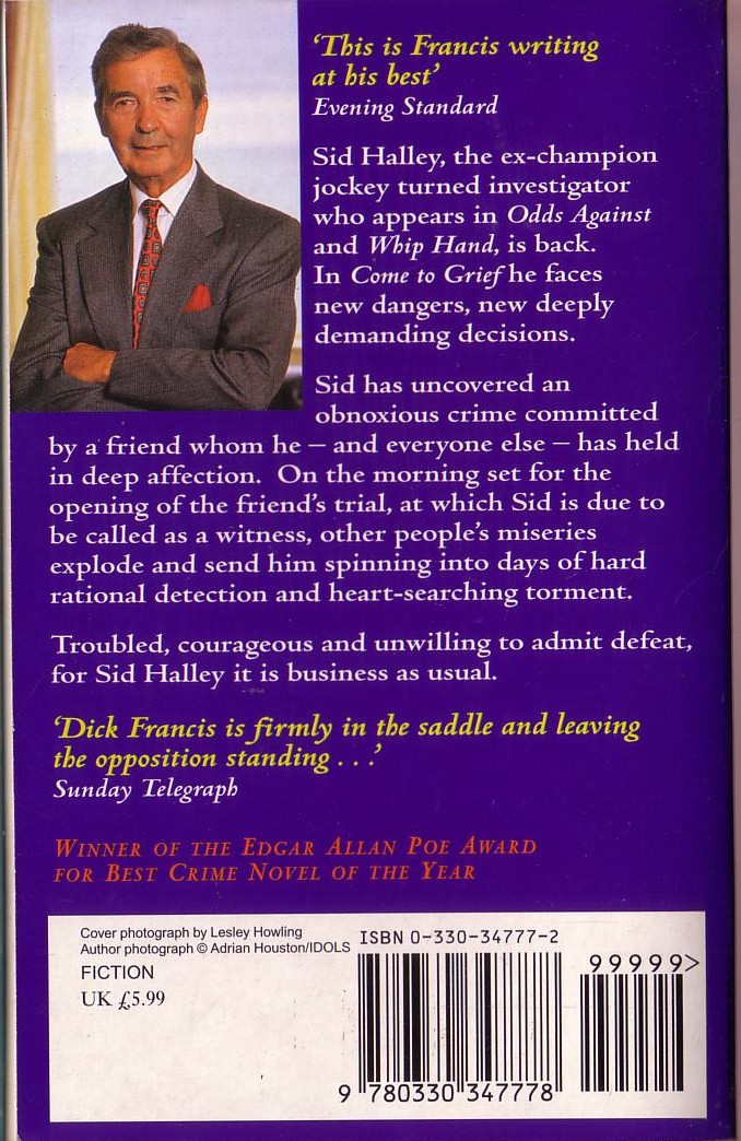 Dick Francis  COME TO GRIEF magnified rear book cover image