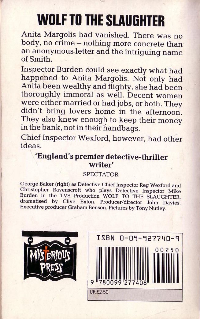 Ruth Rendell  WOLF TO THE SLAUGHTER (George Baker, Christopher Ravenscroft) magnified rear book cover image