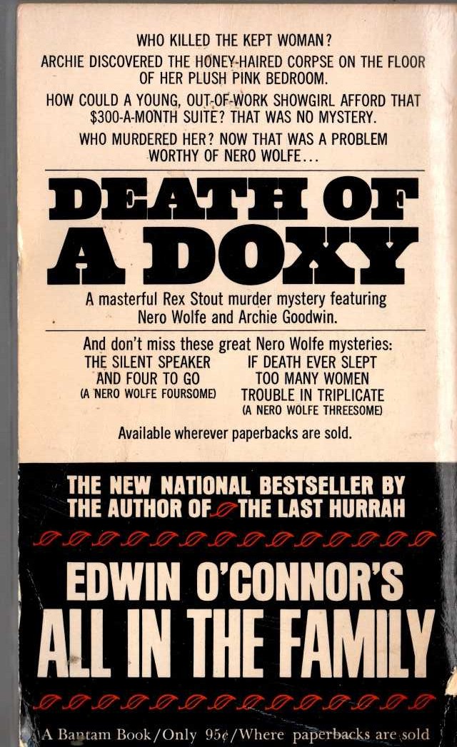 Rex Stout  DEATH OF A DOXY magnified rear book cover image