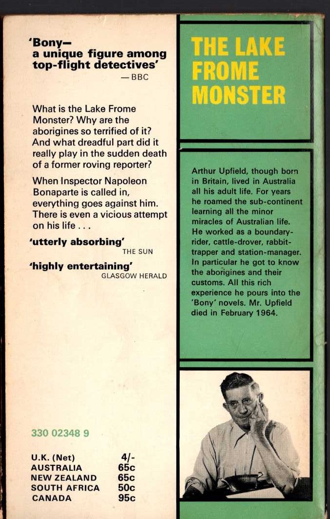 Arthur Upfield  THE LAKE FROME MONSTER magnified rear book cover image