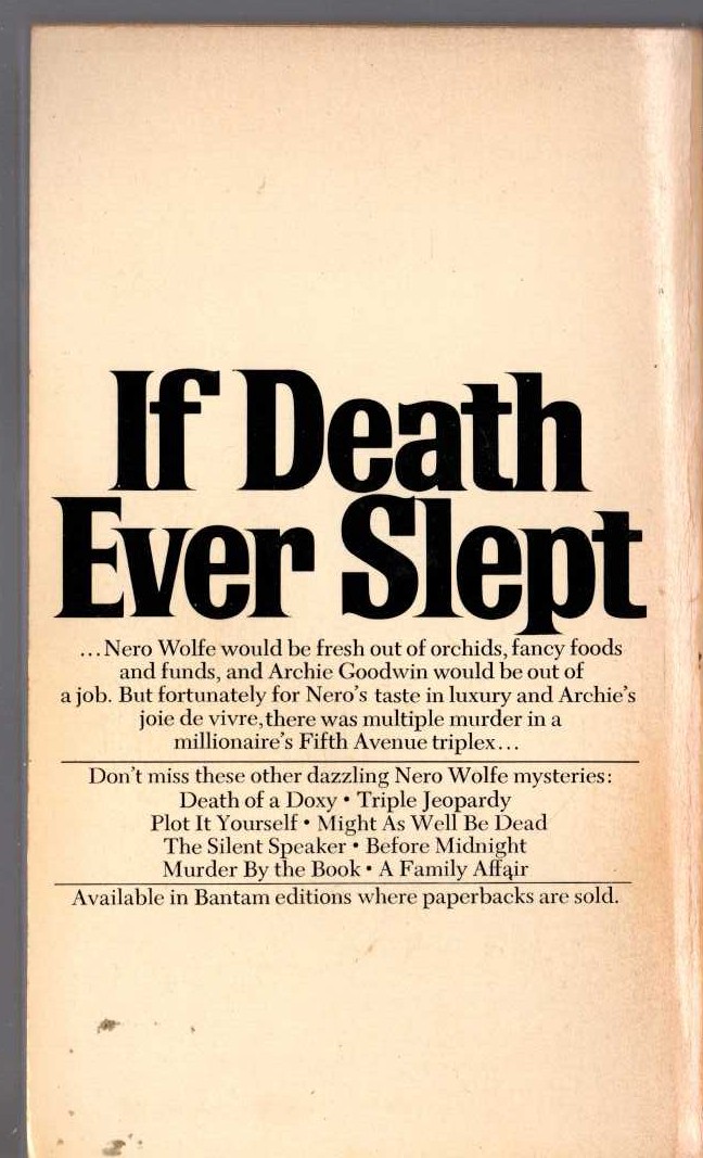 Rex Stout  IF DEATH EVER SLEPT magnified rear book cover image