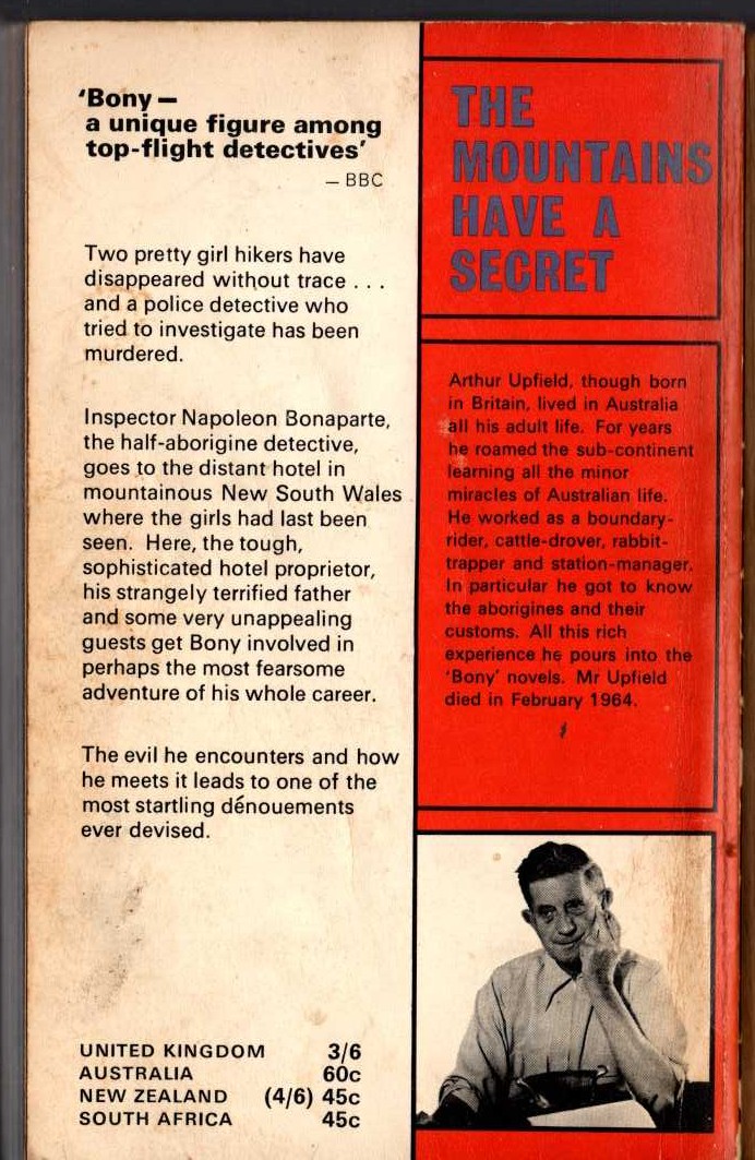 Arthur Upfield  THE MOUNTAINS HAVE A SECRET magnified rear book cover image