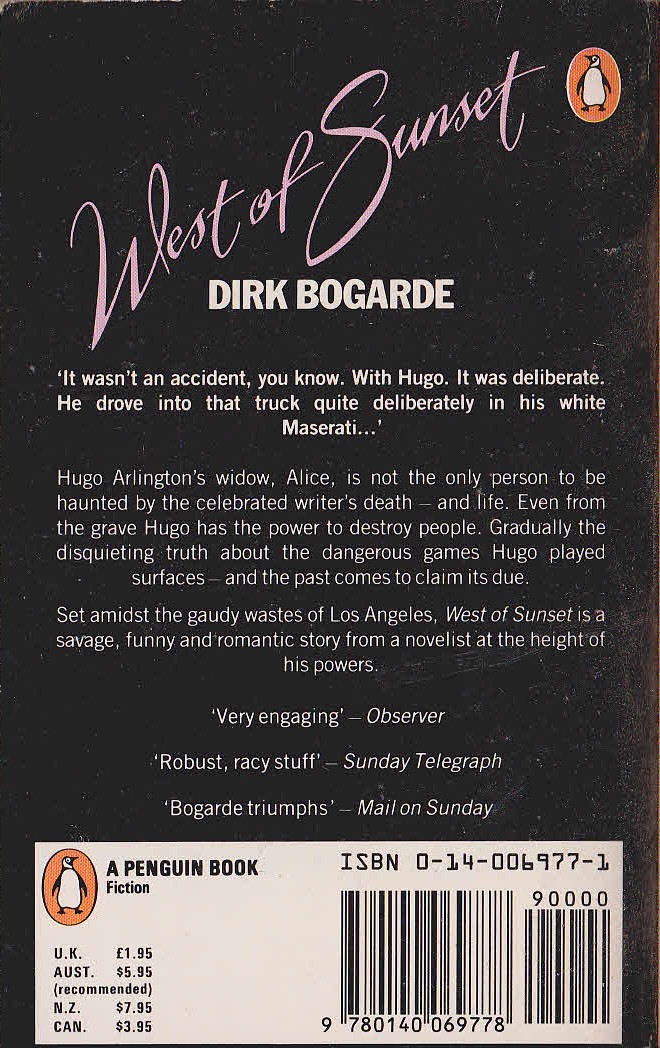 Dirk Bogarde  WEST OF SUNSET magnified rear book cover image