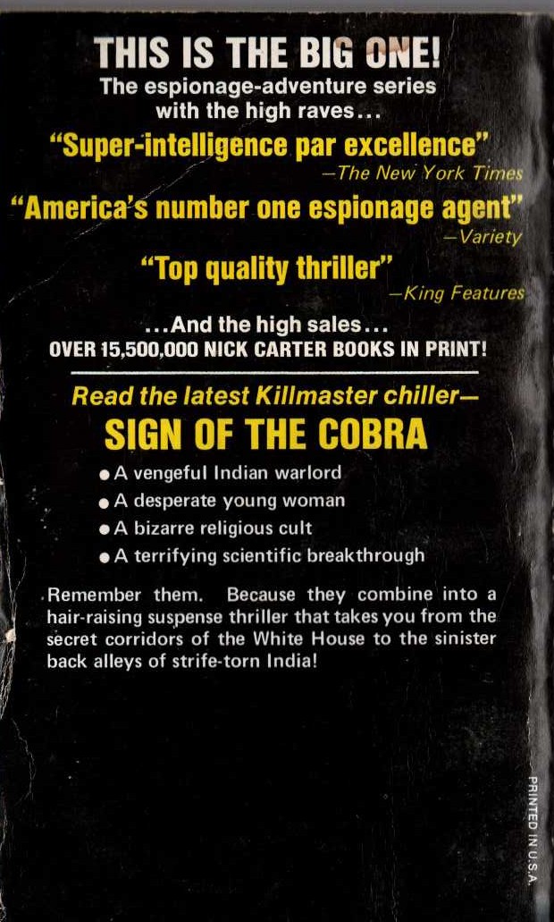 Nick Carter  SIGN OF THE COBRA magnified rear book cover image