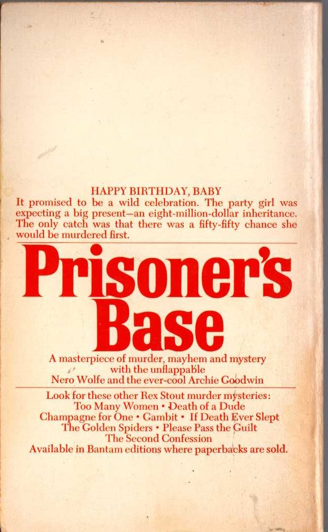 Rex Stout  PRISONER'S BASE magnified rear book cover image