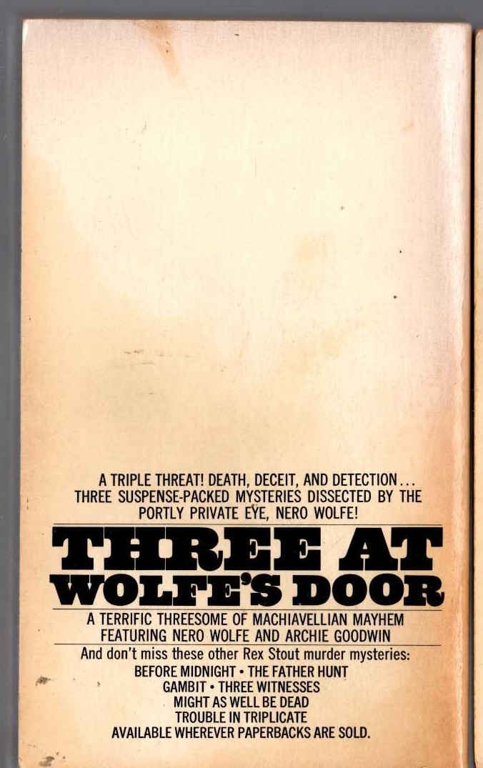 Rex Stout  THREE AT WOLFE'S DOOR magnified rear book cover image