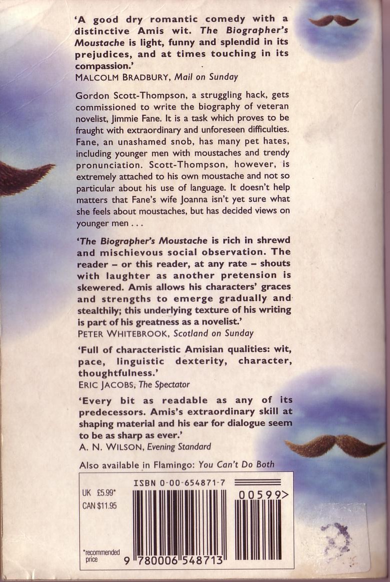 Kingsley Amis  THE BIOGRAPHER'S MOUSTACHE magnified rear book cover image
