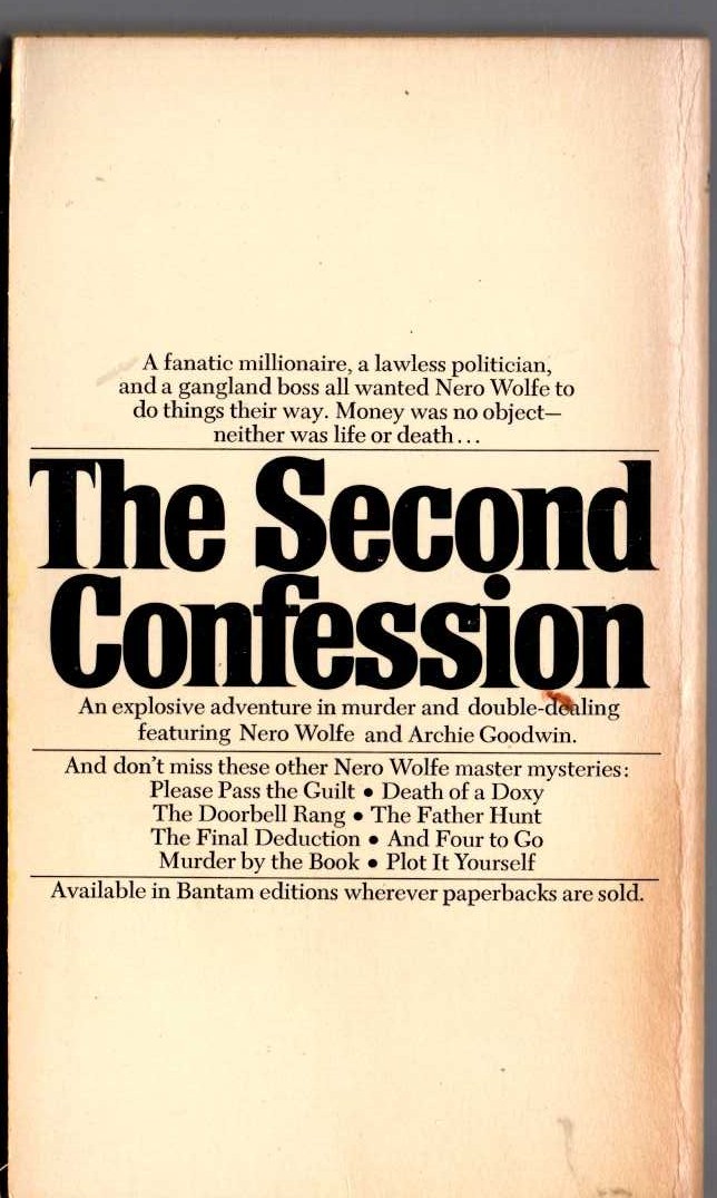 Rex Stout  THE SECOND CONFESSION magnified rear book cover image