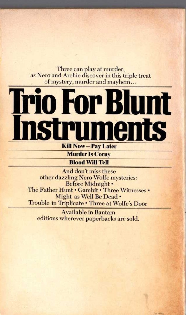 Rex Stout  TRIO FOR BLUNT INSTRUMENTS magnified rear book cover image