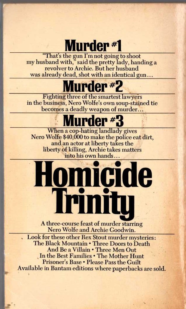 Rex Stout  HOMICIDE TRINITY magnified rear book cover image