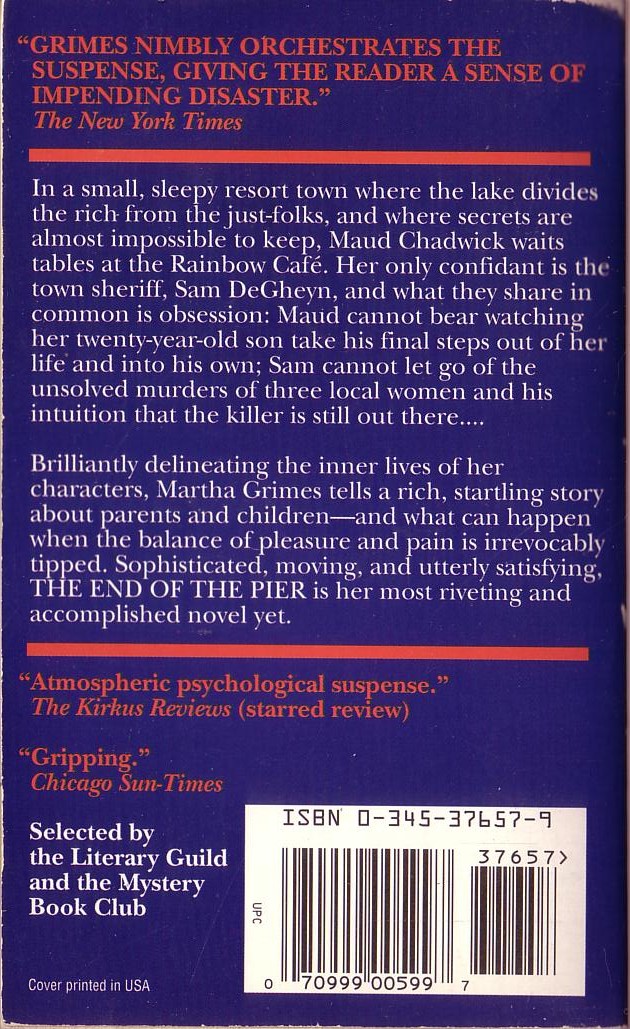 Martha Grimes  THE END OF THE PIER magnified rear book cover image