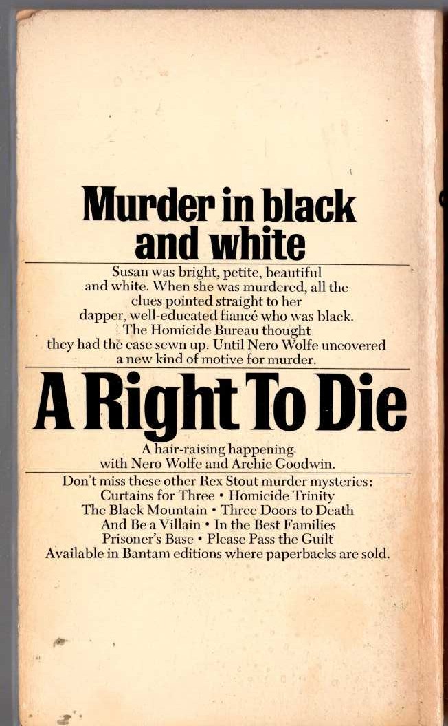 Rex Stout  A RIGHT TO DIE magnified rear book cover image