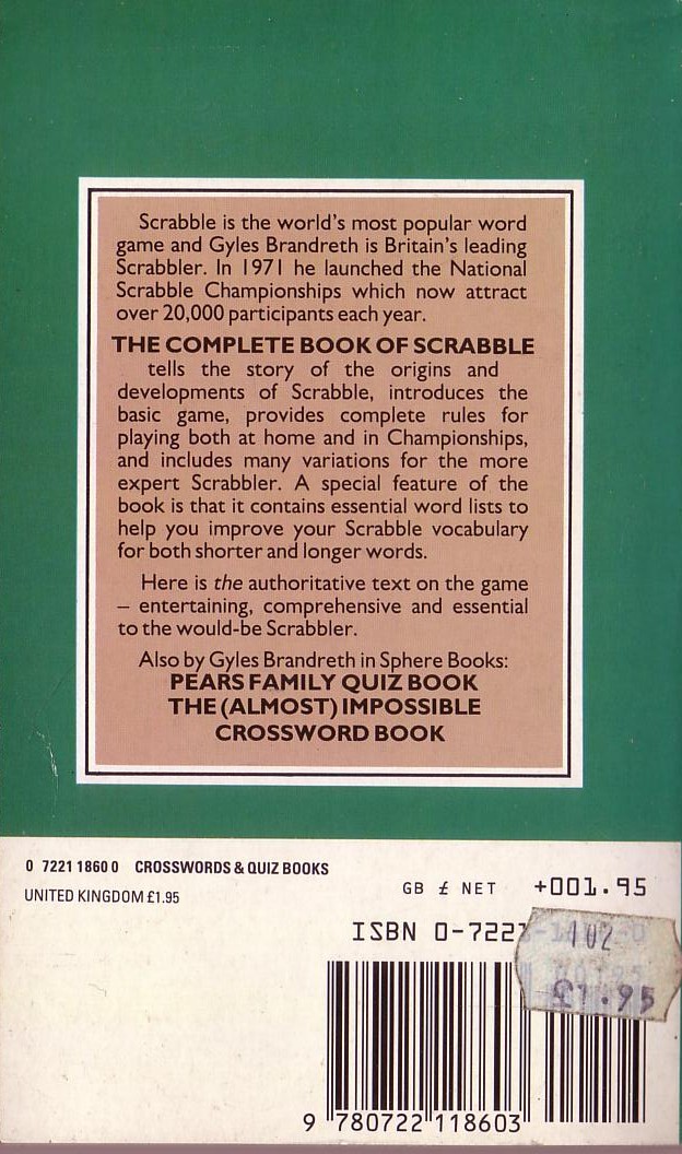 Gyles Brandreth  THE COMPLETE BOOK OF SCRABBLE magnified rear book cover image