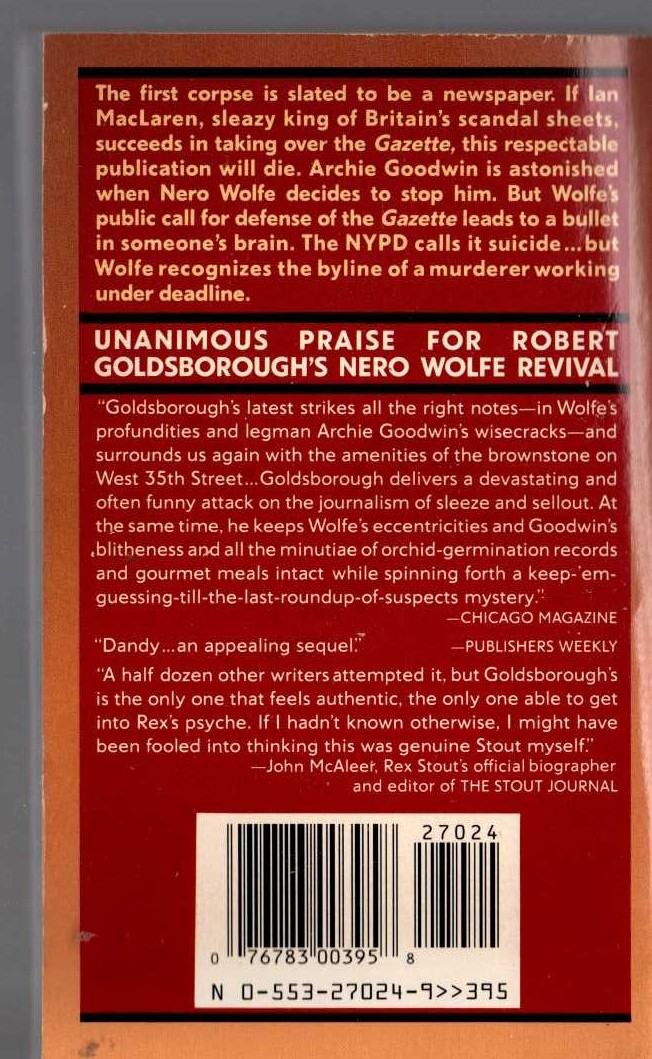 Rex Stout  DEATH ON DEADLINE (Nero Wolfe) magnified rear book cover image