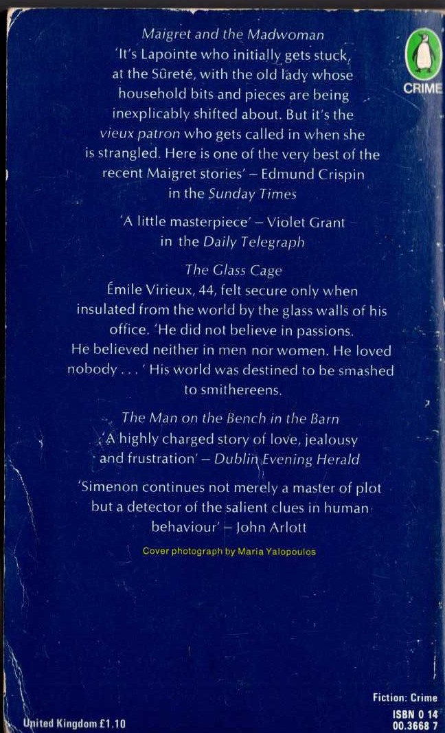 Georges Simenon  THE TENTH SIMENON OMNIBUS: MAIGRET AND THE MADWOMAN/ THE GLASS CAGE/ THE MAN ON THE BENCH IN THE BARN magnified rear book cover image