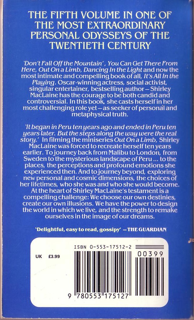 Shirley MacLaine  IT'S ALL IN THE PLAYING magnified rear book cover image