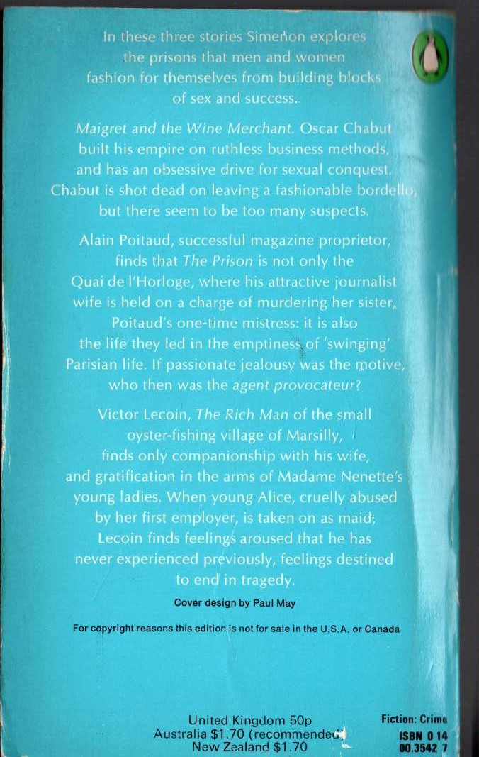 Georges Simenon  THE SIXTH SIMENON OMNIBUS: MAIGRET & THE WINE MERCHANT/ THE PRISON/ THE RICH MAN magnified rear book cover image