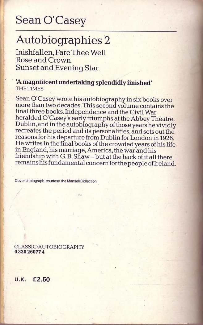 Sean O'Casey  AUTOBIOGRAPHIES 2: INISHFALLEN, FARE THEE WELL/ ROSE AND CROWN/ SUNSET AND EVENING STAR magnified rear book cover image