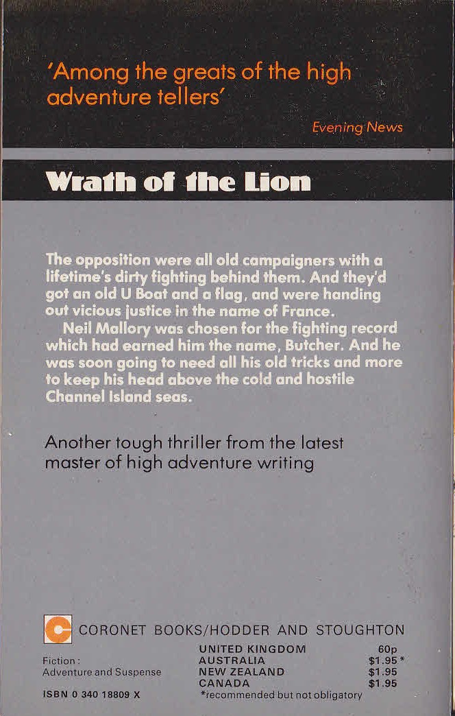 Jack Higgins  WRATH OF THE LION magnified rear book cover image