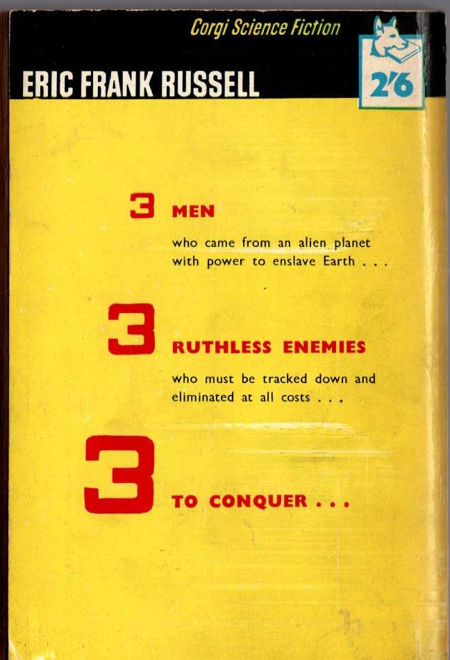 Eric Frank Russell  THREE TO CONQUER magnified rear book cover image